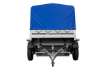 Autotransportanhänger auf Federn mit Aluminiumseitenwänden 200x125 Unitrailer Garden 201/R KIPP ALU mit H-800 Rahmen und blauer Plane