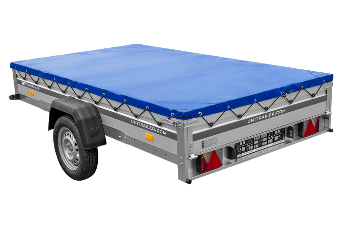 Autotransportanhänger mit Aluminiumseitenwänden 264x150 Unitrailer Garden 265 KIPP ALU mit H-0-Rahmen und blauer Plane