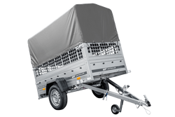 Autotransportanhänger 200x106 UNITRAILER GARDEN 200 KIPP mit Gitterwänden, H-800 Rahmen und grauer Plane