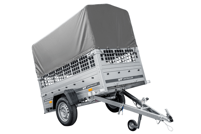Autotransportanhänger 200x106 UNITRAILER GARDEN 200 KIPP mit Gitterwänden, H-800 Rahmen und grauer Plane