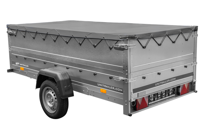 Einachsanhänger auf Federn 264x125 UNITRAILER GARDEN 264/R KIPP mit BIS-Seiten, H-0-Rahmen und grauer Plane