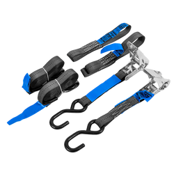 Set aus zwei HILLS 3 m/25 mm/1 t Transportgurten mit Spannvorrichtung und zwei 0,45 m Gurten zur Sicherung des Motorrads