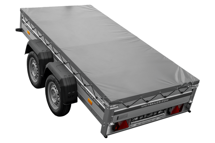 Zweiachsiger Anhänger mit Aluminiumseitenwänden 264x125 Unitrailer Garden 264/2 KIPP ALU mit H-0-Rahmen und grauer Plane