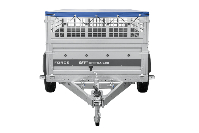 Einachsanhänger 230x125 UNITRAILER FORCE 230 KIPP mit Gitterseitenwänden, H-0-Rahmen und blauer Plane