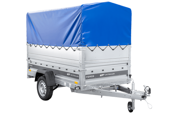 Einachsiger Anhänger auf Blattfedern 230x125 UNITRAILER FORCE 230/R KIPP mit BIS-Seitenwänden, H-800-Rahmen und blauer Plane