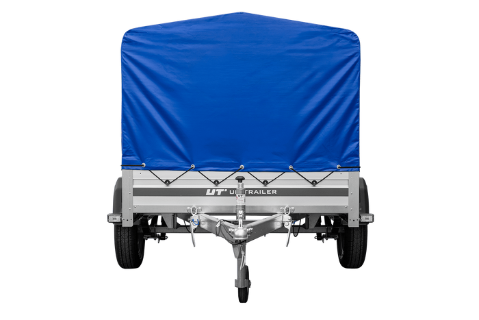 Autotransportanhänger auf Federn mit Aluminiumseitenwänden 200x125 Unitrailer Garden 201/R KIPP ALU mit H-800 Rahmen und blauer Plane
