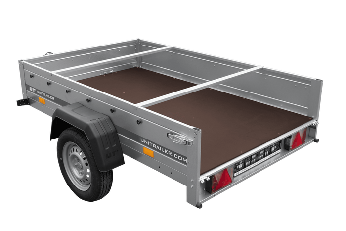 PKW-Anhänger 200x125 UNITRAILER GARDEN 201 KIPP mit blauer Flachplane und Flachplanenträger