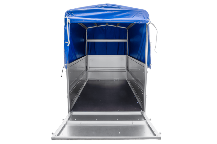 Gartenanhänger 200 Kipp mit Stützrad, zusätzlichen Bordwänden, H-800-Rahmen und blauer Plane