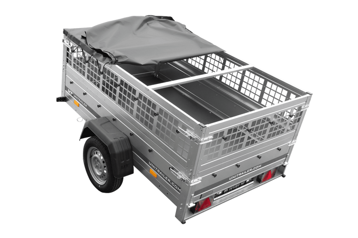 PKW-Anhänger 200x125 UNITRAILER GARDEN 201 KIPP mit Gitteraufsatz und grauer Flachplane