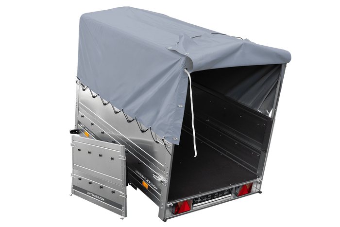 Leichtanhänger auf Blattfedern 200x125 UNITRAILER GARDEN 201/R KIPP mit BIS-Seiten, H-800-Rahmen und grauer Plane
