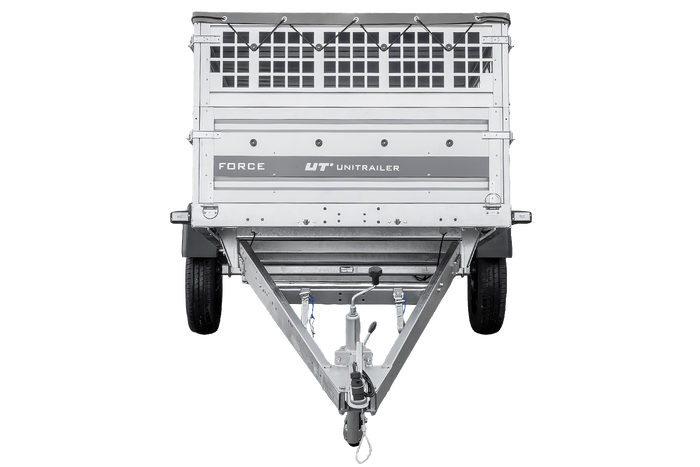 Einachsanhänger 264x125 UNITRAILER FORCE 264 KIPP mit Gitterwänden, H-0-Rahmen und grauer Plane