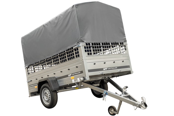 Planenanhänger 230x125 Garden Trailer 230 KIPP mit Laubgitteraufsatz, grauer Hochplane, Hochspriegel und Stützrad