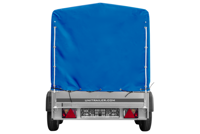 Przyczepka dwuosiowa 264x125 UNITRAILER GARDEN 264/2 KIPP ze stelażem H-1100 i plandeką niebieską