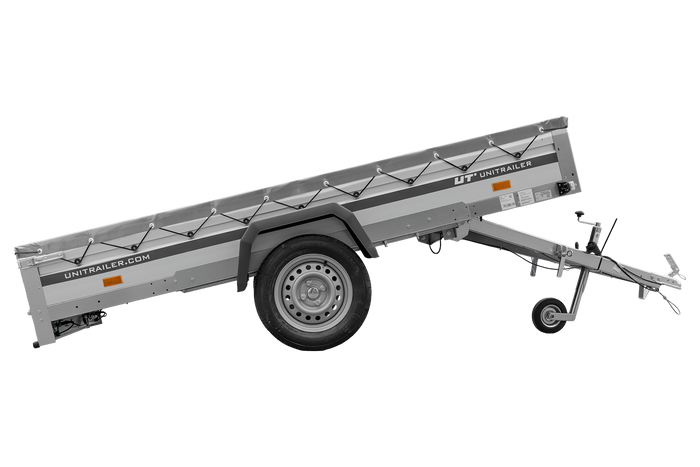 Autotransportanhänger mit Aluminiumseitenwänden 264x150 Unitrailer Garden 265 KIPP ALU mit H-0-Rahmen und grauer Plane