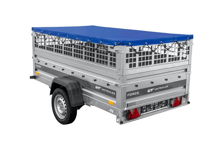 Leichter Anhänger auf Federn 230x125 UNITRAILER FORCE 230/R KIPP mit Gitterwänden, H-0-Rahmen und blauer Plane