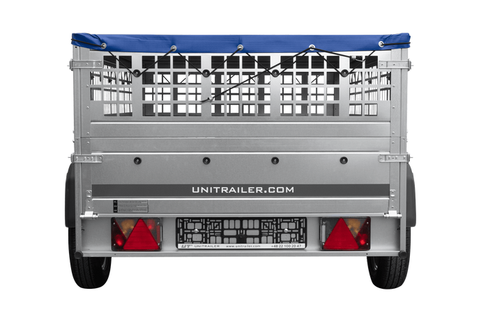 PKW-Anhänger 200x125 UNITRAILER GARDEN 201 KIPP mit Gitteraufsatz, blauer Flachplane und Flachplanenträger