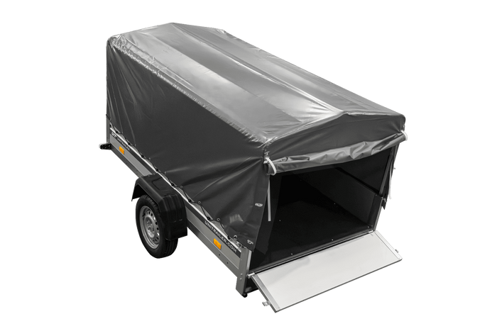Einachsanhänger mit Aluminiumseitenwänden 230x125 Unitrailer Garden 230 KIPP ALU mit H-800 Rahmen und grauer Plane
