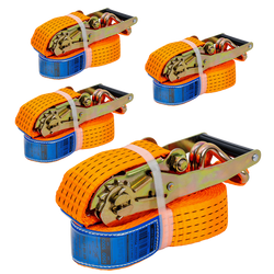Satz aus vier orangefarbenen UNITRAILER 6m/50mm/5t Transportgurten mit Spannvorrichtung