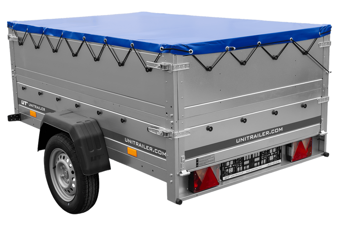 Autotransportanhänger 200x125 UNITRAILER GARDEN 201 KIPP mit BIS-Seitenwänden und blauer Plane