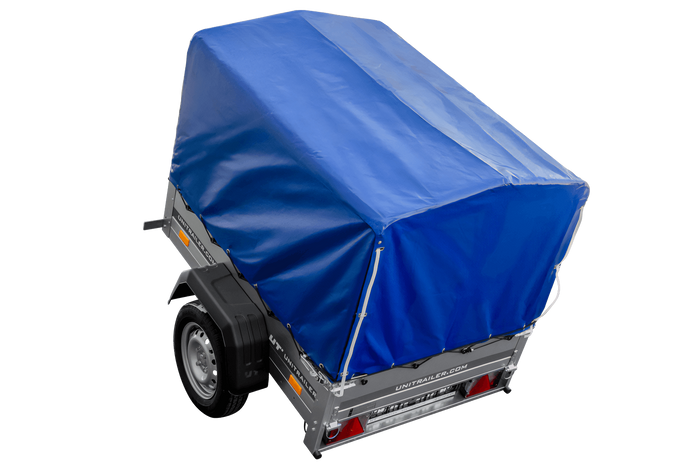 Anhänger 150 KIPP 150x106 cm [mit blauer Hochplane, Hochspriegel und Stützrad]
