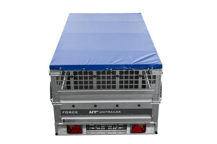 Einachsanhänger 230x125 UNITRAILER FORCE 230 KIPP mit Gitterseitenwänden, H-0-Rahmen und blauer Plane