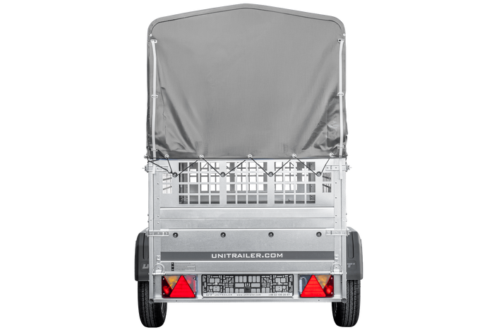 Autotransportanhänger 200x106 UNITRAILER GARDEN 200 KIPP mit Gitterwänden, H-800 Rahmen und grauer Plane