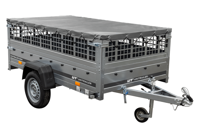 PKW-Ahänger 230x125 UNITRAILER GARDEN 230 KIPP mit Gitteraufsatz und grauer Plane