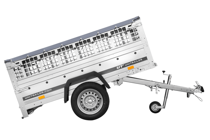 Einachsanhänger 200x106 UNITRAILER GARDEN 200 KIPP mit Seitenwänden aus Netzgewebe und grauer Plane