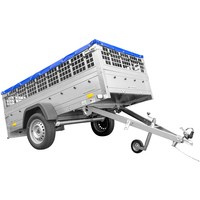 Pkw Transport Anhänger 230x125 Garden Trailer 230 KIPP mit Laubgitteraufsatz, blauer Flachplane und Stützrad