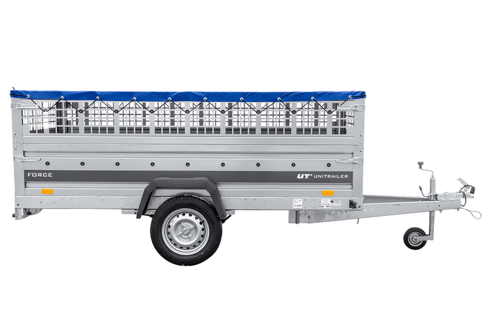 Einachsiger Anhänger auf Blattfedern 264x125 UNITRAILER FORCE 264/R KIPP mit Gitterseitenwänden, H-0-Rahmen und blauer Plane