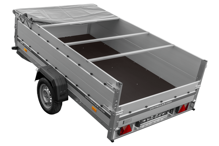 Einachsanhänger mit Aluminiumseitenwänden 264x150 Unitrailer Garden 265 KIPP ALU mit BIS-Seitenwänden, H-0-Rahmen und grauer Plane
