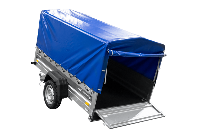 Anhänger mit Blattfedern 230x125 UNITRAILER FORCE 230/R KIPP mit H-800 Spriegel und blauer Hochplane