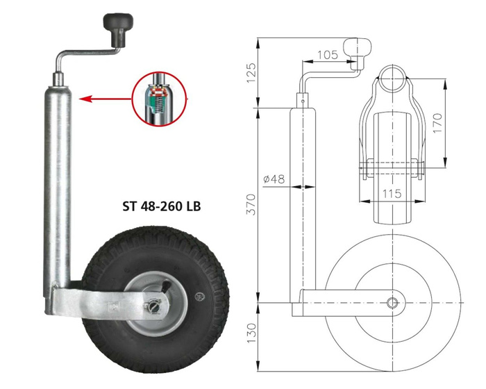 WINTERHOFF ST48-260LB Stützrad 150 kg 48 mm 500–710 mm