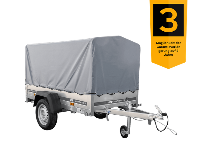 Autotransportanhänger 200x106 UNITRAILER GARDEN 200 KIPP mit H-800 Rahmen und grauer Plane