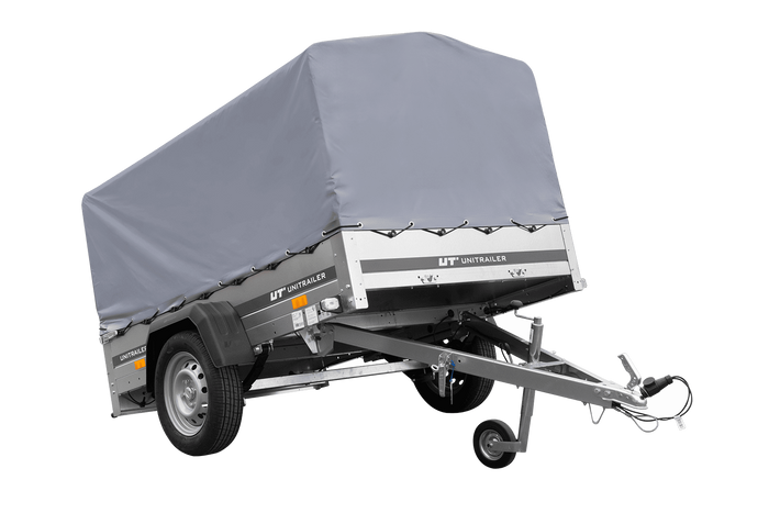 Einachsanhänger auf Federn 200x125 UNITRAILER GARDEN 201/R KIPP mit H-800-Rahmen und grauer Plane