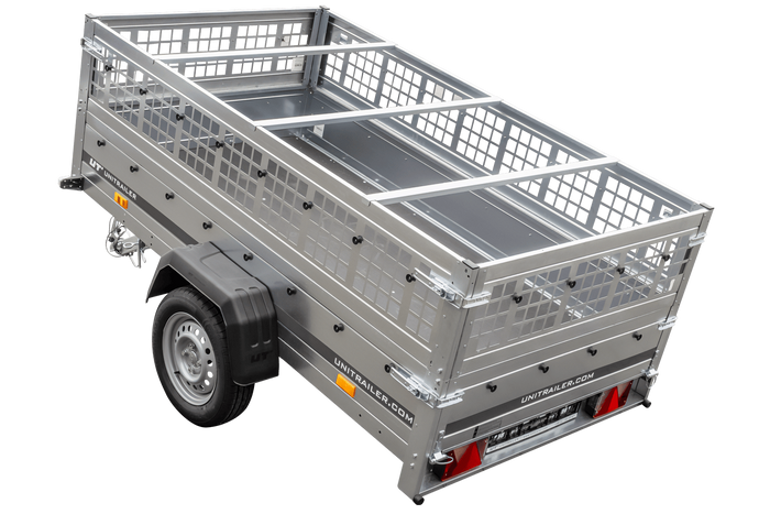 PKW-Anhänger 230x125 UNITRAILER GARDEN 230 KIPP mit Gitterseitenwänden und grauer Plane