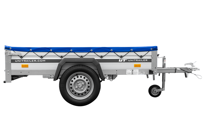 Einachsiger Anhänger auf Blattfedern mit Aluminiumseitenwänden 200x125 Unitrailer Garden 201/R KIPP ALU mit H-0-Rahmen und blauer Plane