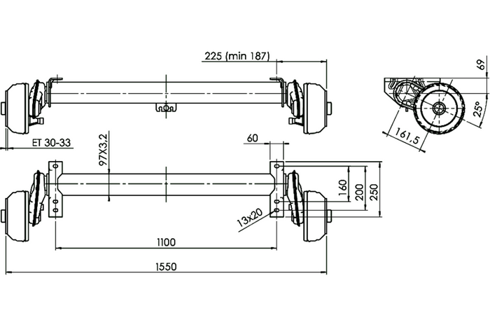 AL-KO COMPACT gebremste Achse für Anhänger/Transporter 1350kg 1100mm 1550mm 5x112