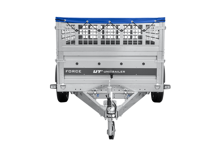 Leichter Anhänger auf Federn 230x125 UNITRAILER FORCE 230/R KIPP mit Gitterwänden, H-0-Rahmen und blauer Plane