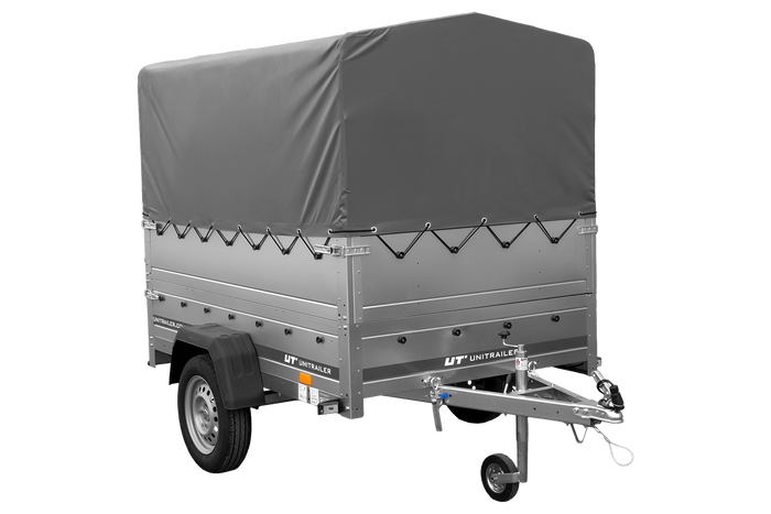 PKW-Anhänger 200x125 UNITRAILER GARDEN 201 KIPP mit Bordwandaufsatz und grauer Hochplane