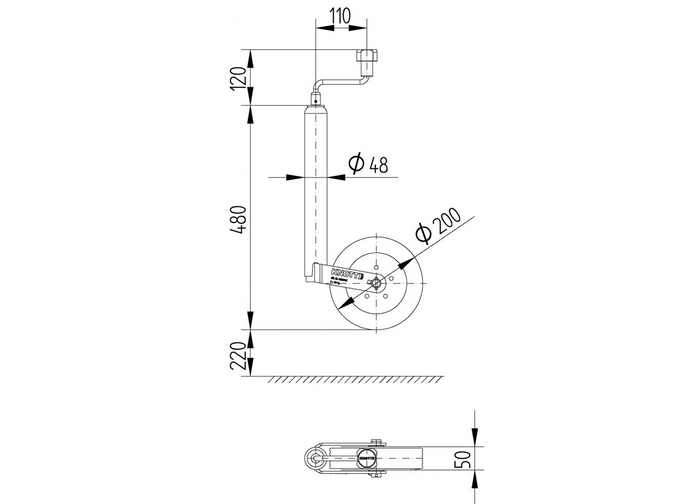 KNOTT TK48 Stützrad 150 kg 48 mm 480–700 mm