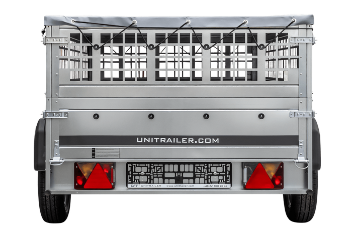 PKW-Anhänger 230x125 UNITRAILER GARDEN 230 KIPP mit Gitterseitenwänden und grauer Plane