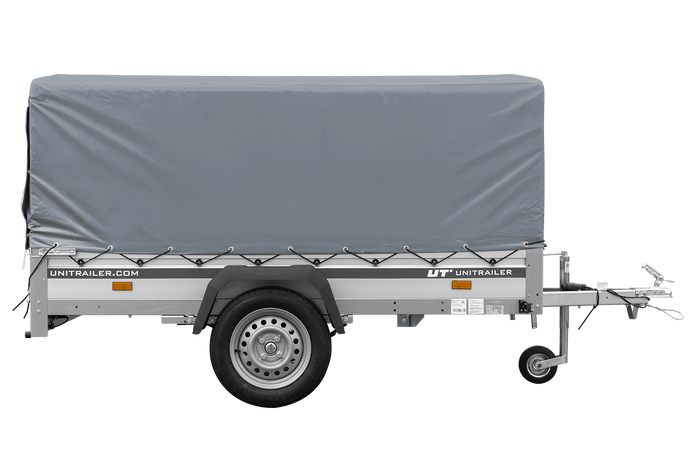 Einachsiger Anhänger auf Blattfedern mit Aluminiumseitenwänden 230x125 Unitrailer Garden 230/R KIPP ALU mit H-800 Rahmen und grauer Plane