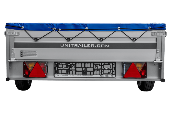 Autotransportanhänger mit Aluminiumseitenwänden 264x125 Unitrailer Garden 264 KIPP ALU mit H-0-Rahmen und blauer Plane