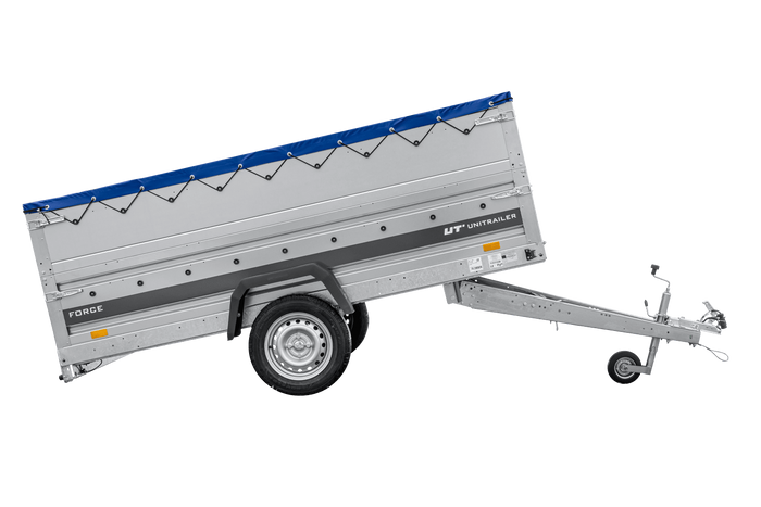Leichter Anhänger 264x125 UNITRAILER FORCE 264 KIPP mit BIS-Seitenwänden, H-0-Rahmen und blauer Plane