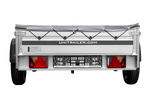 Einachsiger Anhänger auf Blattfedern mit Aluminiumseitenwänden 200x125 Unitrailer Garden 201/R KIPP ALU mit H-0-Rahmen und grauer Plane