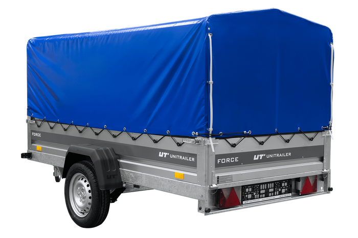 Einachsiger Anhänger auf Blattfedern 264x125 UNITRAILER FORCE 264/R KIPP mit H-800 Rahmen und blauer Plane