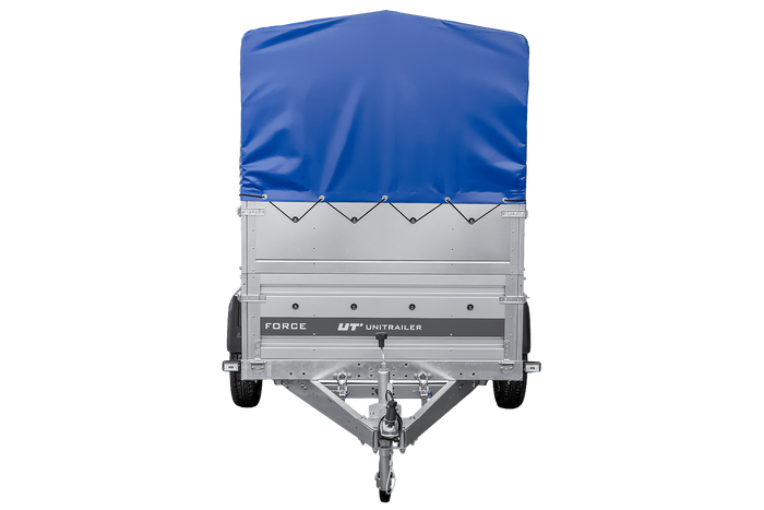 Einachsiger Anhänger auf Blattfedern 230x125 UNITRAILER FORCE 230/R KIPP mit BIS-Seitenwänden, H-800-Rahmen und blauer Plane