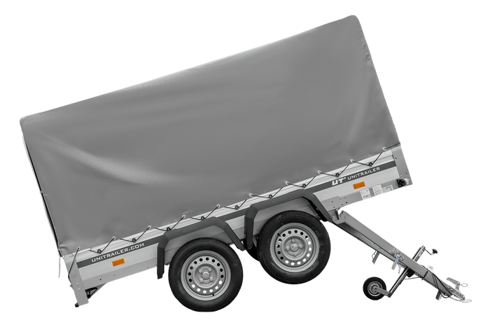 Zweiachsiger Anhänger mit Aluminiumseitenwänden 264x125 Unitrailer Garden 264/2 KIPP ALU mit Rahmen H-1100 und grauer Plane