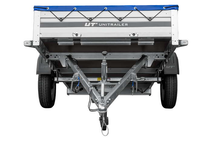 Autotransportanhänger mit Aluminiumseitenwänden 264x125 Unitrailer Garden 264 KIPP ALU mit H-0-Rahmen und blauer Plane